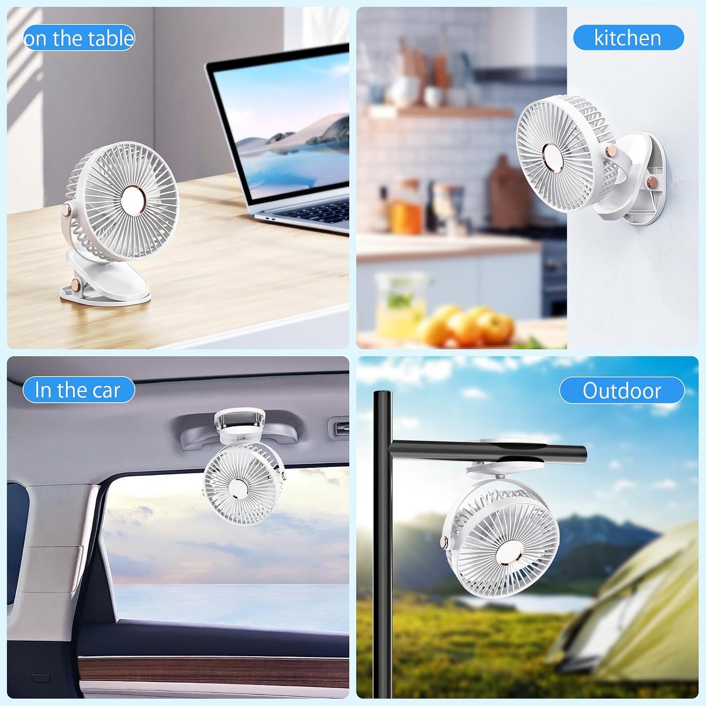 iNeibo 4000mAh Portable Clip on Fan with LED Lights, Battery Operated USB Desk Fan,4 Speed Quiet Rechargeable Mini Table Fan, 360° Rotate Personal Cooling Fan for Home Office Stroller Camping (Black)