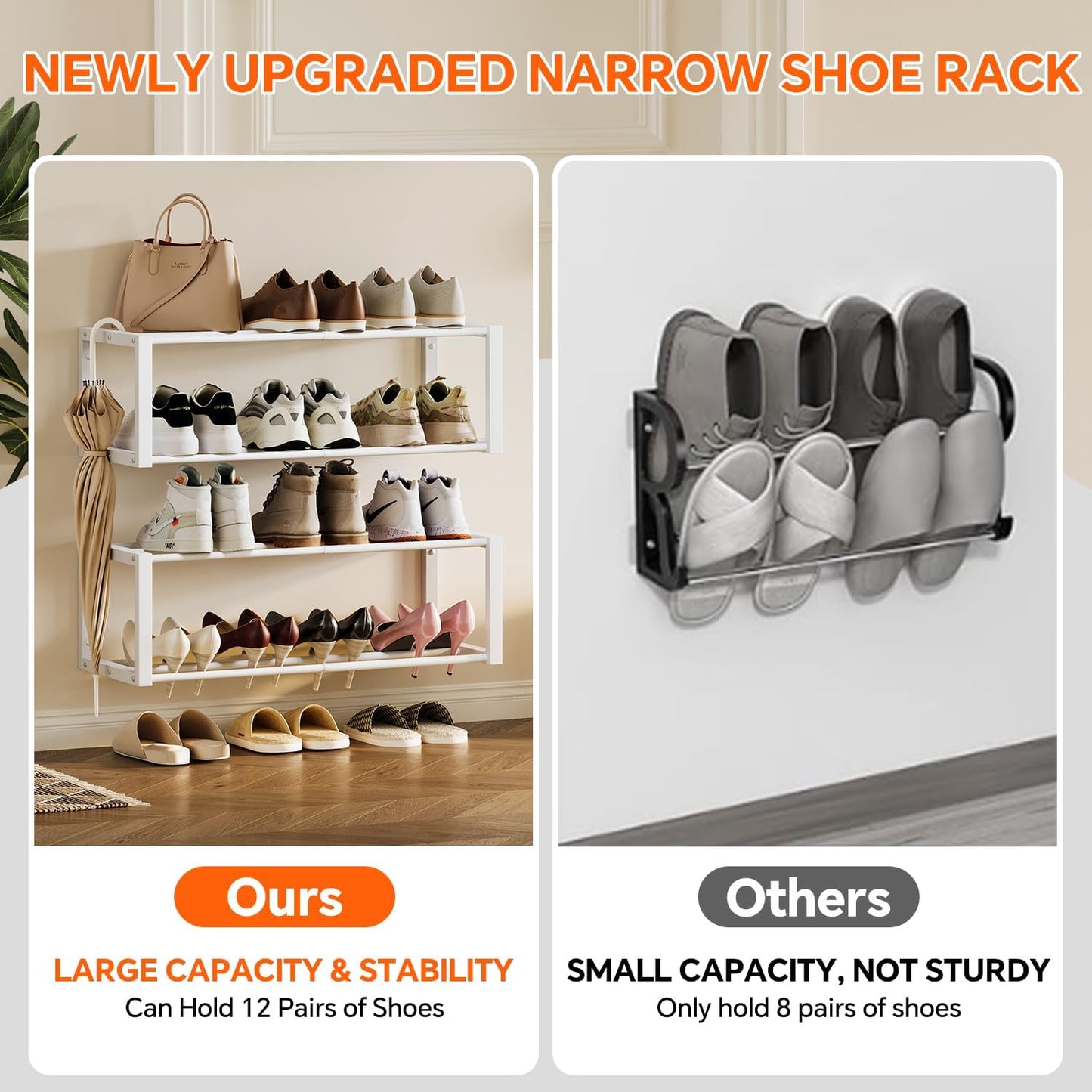 Homeiju Hanging Shoe Organizer,2 Pack Wall Mounted Shoe Rack Holds 12 Pairs,Space Saving Metal Wall Shoe Rack,Hanging Shoe Rack Shoe Holder for Small Space,Entryway,Closet,RV,Camper(Black