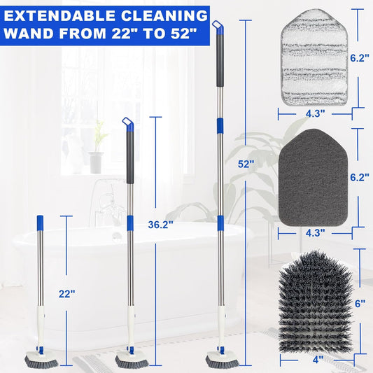 Tile Tub Scrubber Brush with 52-inch Adjustable Long Handle 3-in-1 Rotatable Shower Brush for Cleaning,3 Different Replacement Brush Heads for Cleaning Tub Tile Bathroom Kitchen Walls ,Blue
