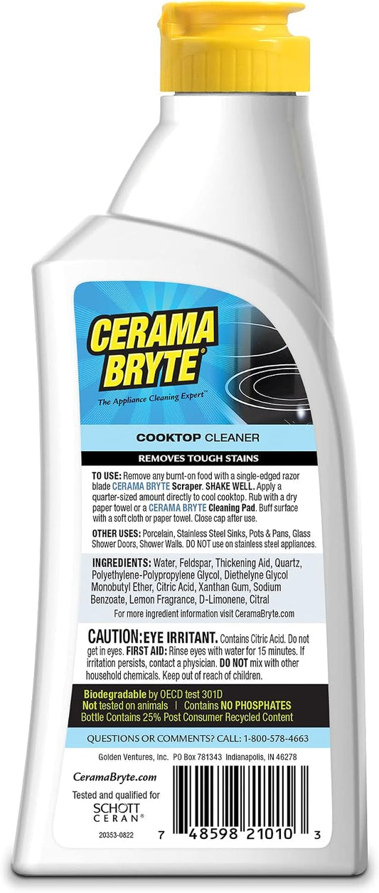 Cerama Bryte Combo Kit Pads & Removes Tough Stains Cooktop and Stove Top Cleaner for Glass - Ceramic Surfaces, 10 Ounces
