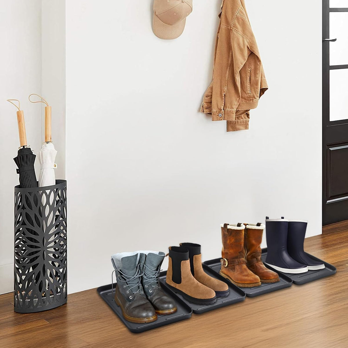 Boot Tray for Entryway Indoor, 4 Pack Plastic Shoe Mat Small Wet Shoe Tray with Raised Edge, Waterproof Winter Boot Mat for Mudroom, Garage, Garden, Black