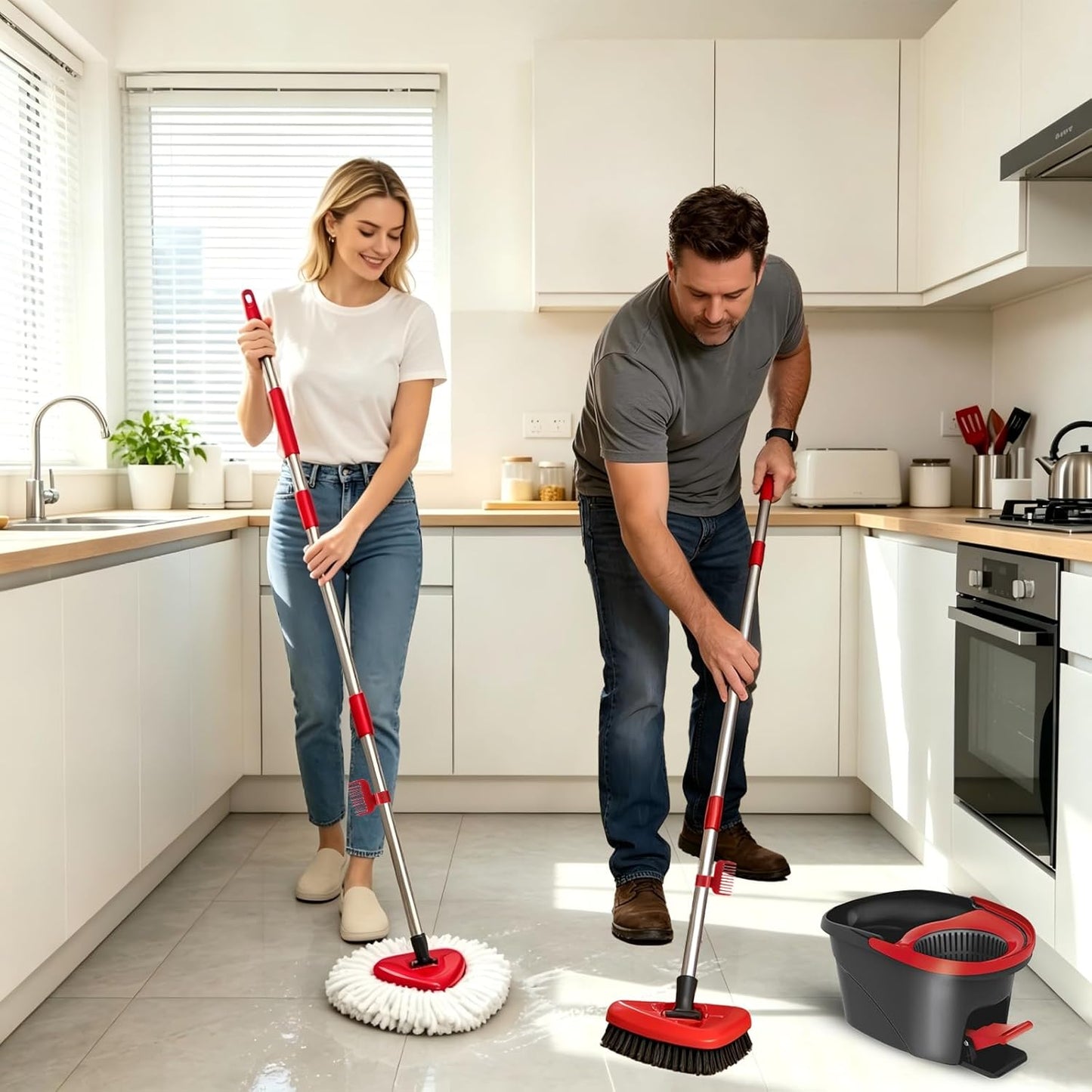 Spin Mop Replace Head for EasyWring 1 Tank,Upgraded Scrub Brush Replacement Head Compatible with Ocedar, 4 Microfiber Refills, 1 Handle, 1 Base and 1 Cleaning Brush Combo Set