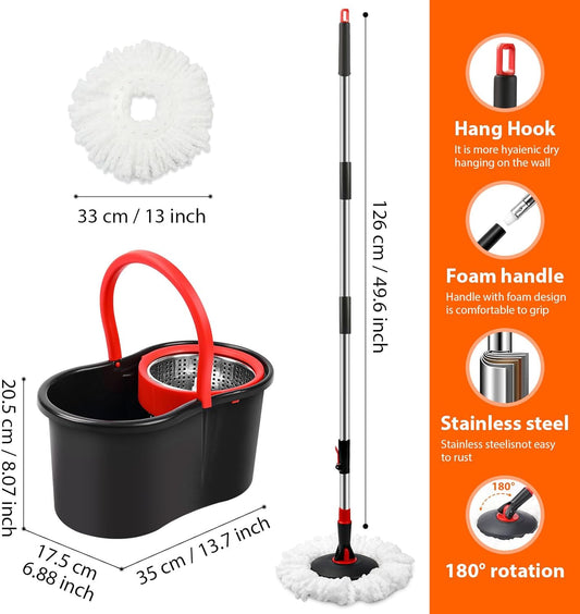 Spin Mop and Bucket with Wringer Set,360° Mop and Bucket System with One Microfiber Mop Refills and 50" Extended Handle for Floor Cleaning (Black)