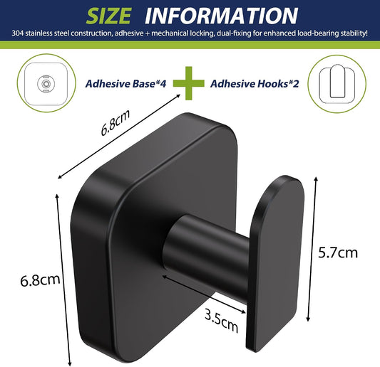 Aikzik Large Heavy Duty Wall Hooks - 26lb Max, Stainless Steel Replaceable Adhesive Towel Hook, Hooks for Hanging Towel, Coat, Sticky Towel Holder Stick on Bathroom, Shower, Kitchen, Black(2 Pack)