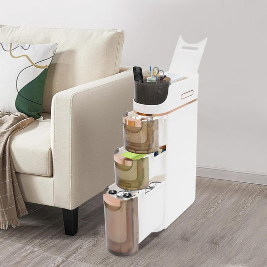 7.09 Inch Slim Bathroom Storage Cabinet with 3 Drawers, PP Narrow Rolling Organizer Cart with Tissue Slots No Assembly Required for Kitchen Laundry Small Spaces