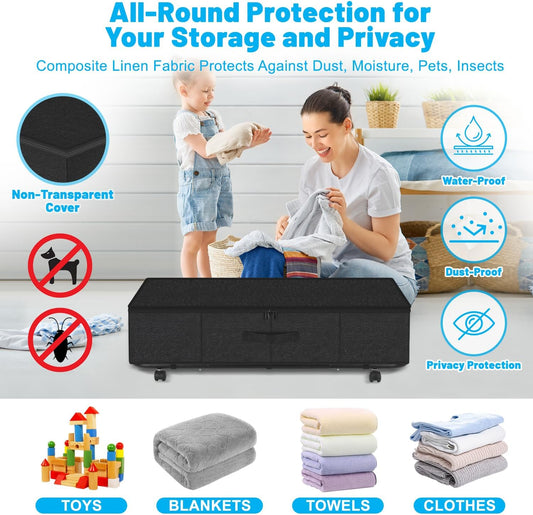 Under Bed Storage with Wheels, 2-Pack 10" Height XXL 75L Rolling Storage Bins, Quick Assembly Underbed Shoe Storage Containers with Clear Lid & Label, Dorm Under Bed Drawers for Clothes, Shoes, Black