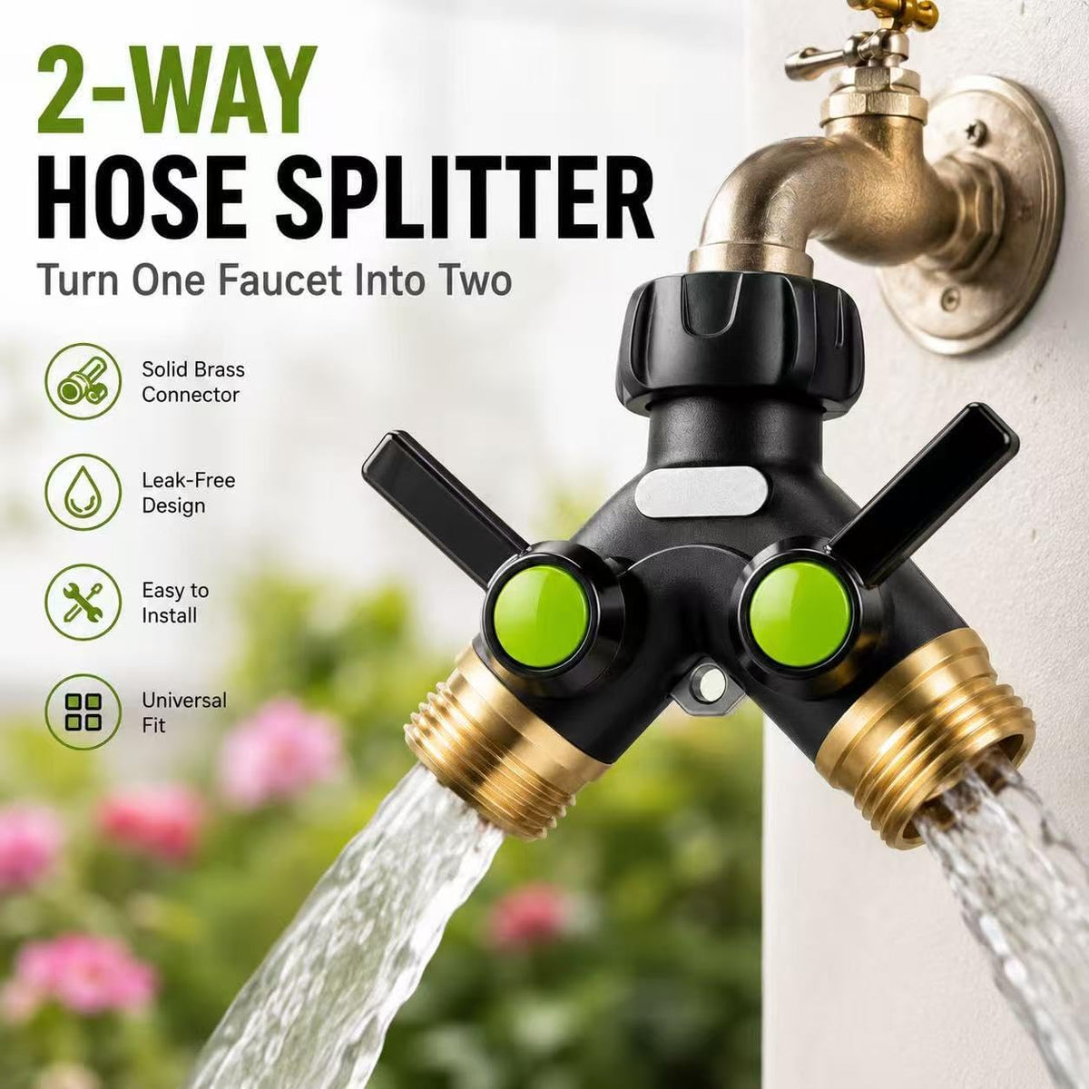 Garden Hose Splitter 2 Way Heavy Duty with Shut Off Valves,3/4" GHT | Large Ball Valve Design Helps Reduce Water Pressure Loss During Dual Outlet Use, TPR-Coated Grip Surface