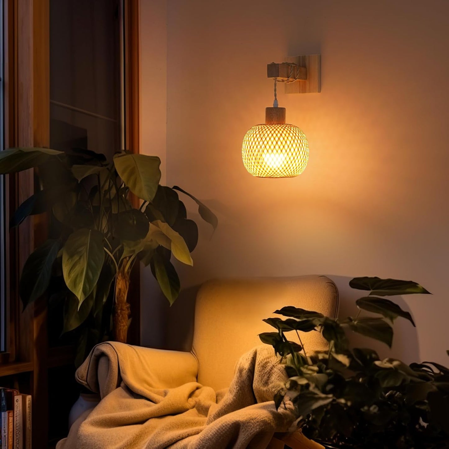 Battery Operated Wall Sconce with Remote Set of 2, Rechargeable Rattan Wall Sconces with 8000mAh Bulbs, Woven Bamboo Wall Light/Lamp Boho Wall Sconce for Bedroom (Black)