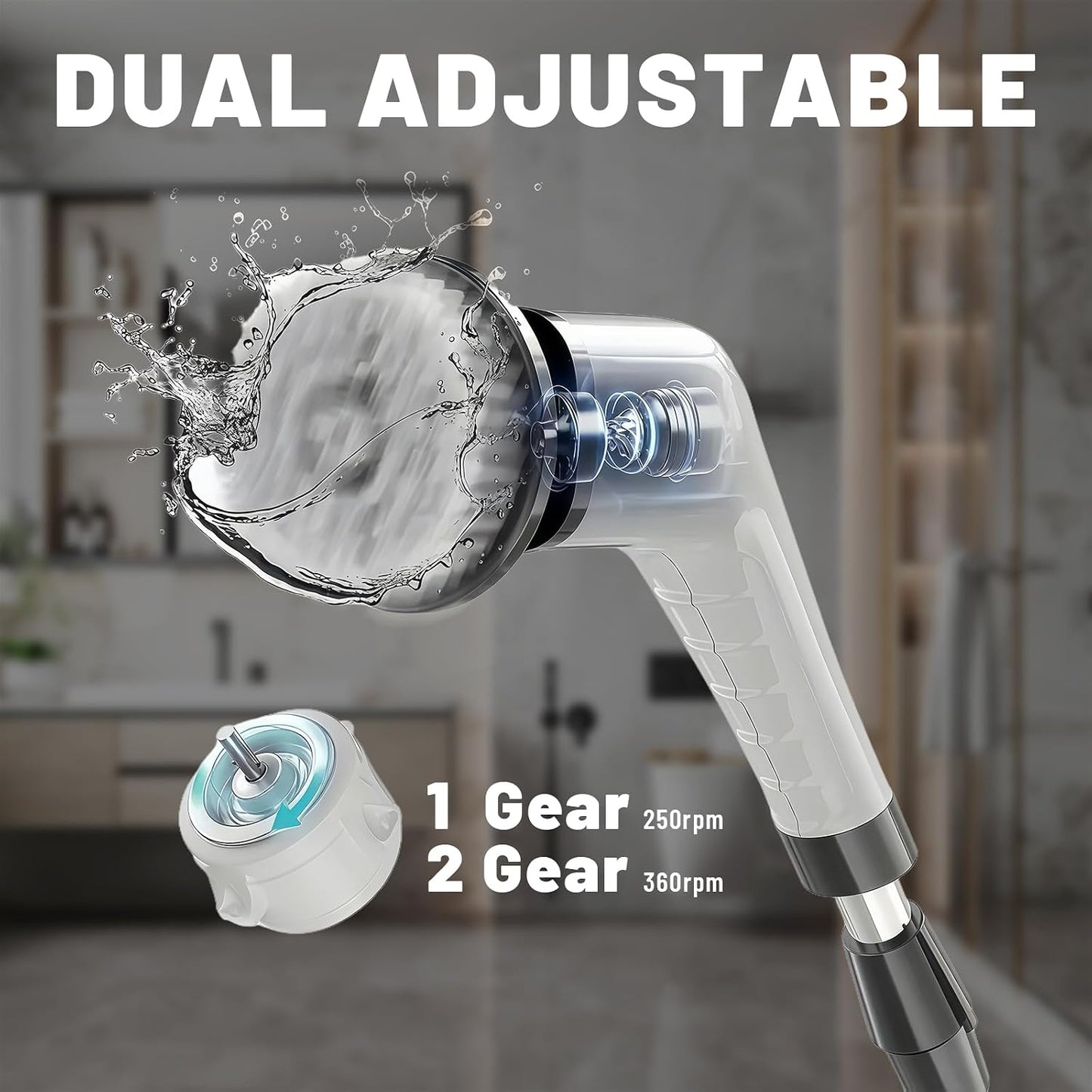 Electric Spin Scrubber- Ditch the Scrubbing! Long Handle Shower Scrubber with 9 Replaceable Heads - 2 Speed Cordless Brush Ensures Long Battery Life, Modern Design! (White)