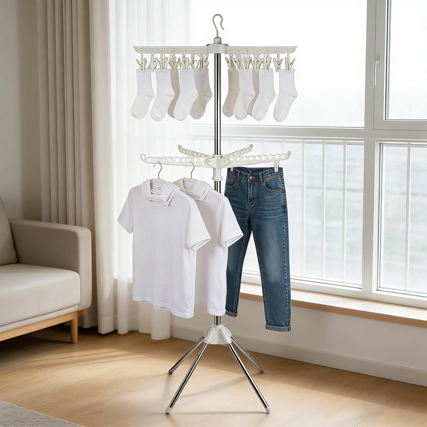 Clothes Drying Rack, 68.9 Inch 2-TierFolding Laundry Drying Rack with 3 Rotatable Arms for Hangers & Clips Stainless Steel Indoor Clothes Airer Space Saving Foldable Clothes Drying Rack for Balcony