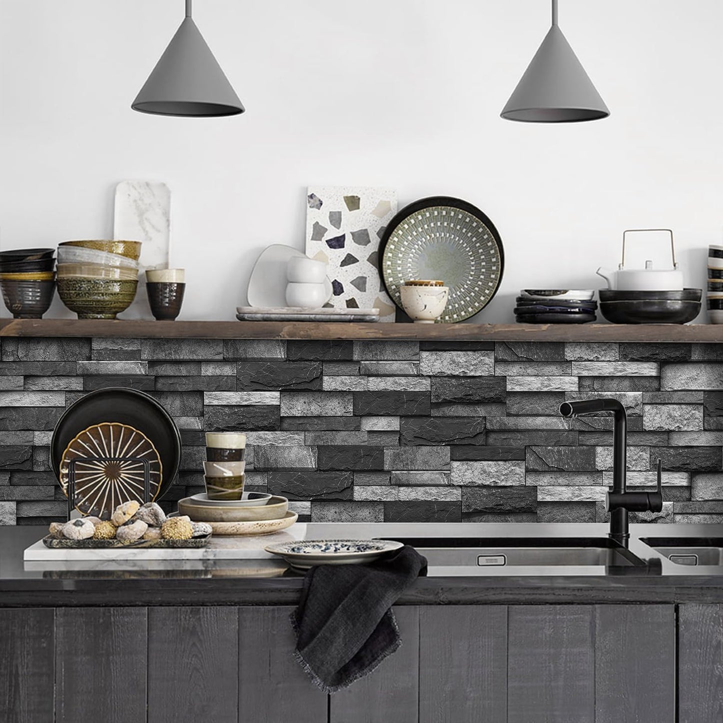 Vinyl Grey Black Tiles backsplash Wallpaper Peel and Stick,Waterproof Tile Decals for Kitchen Bathroom Restaurant Apartment Wall Renovation or Decor(25 Pcs 9.68 * 4.53 inch)