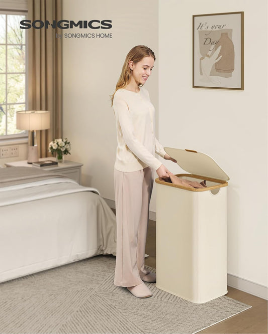 SONGMICS Laundry Hamper, Laundry Basket with Lid, Foldable Storage Basket, Bamboo Frame, for Bedroom, Living Room, Oxford Fabric, 37 Gal. (140 L), Cream White ULCB519WD01