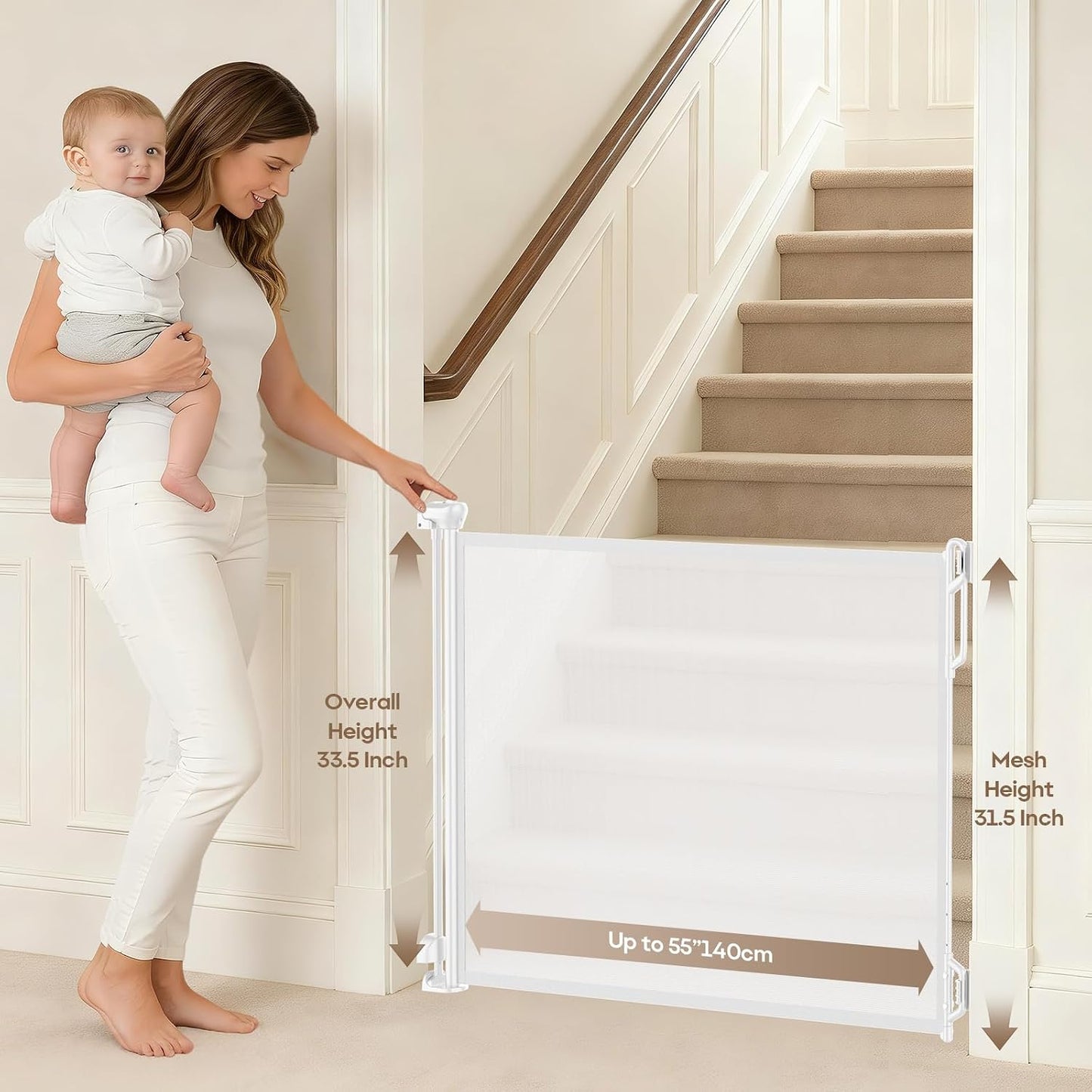 SPACEANY Retractable Safety Baby Gate or Mesh Dog Gate,Durable Portable Mesh Retractable Gate,Easy to Use for Stairs, Doorways, Hallways, Indoor, Outdoor, 33.5" Tall, Up to 45" Wide, Cream