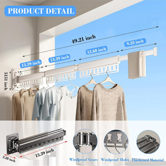 Clothes Drying Rack Wall-Mounted, 3-Fold Retractable Clothes Hanger with Windproof Holes & Detachable Design, Sturdy Foldable Laundry Rack for Balcony, Bathroom Use (Gunmetal Gray)