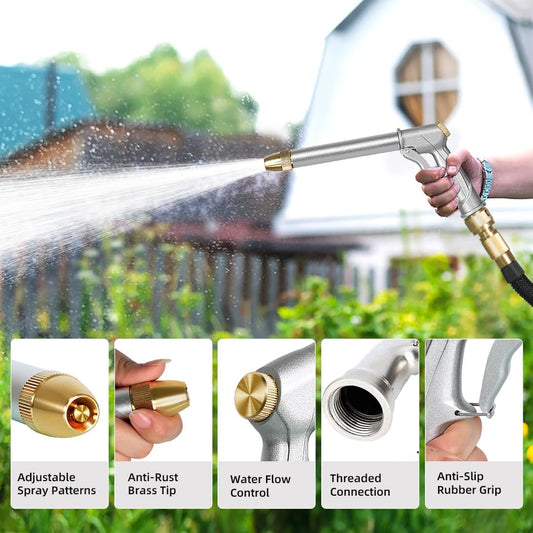 Garden Hose Nozzle Sprayer with Full Brass Nozzle, 100% Heavy Duty Metal Water Sprayer Nozzle Fits 3/4” Garden Hose Thread with 4 Patterns, 360° Rotating Adjustable Nozzle for Plants, Lawns, Cars