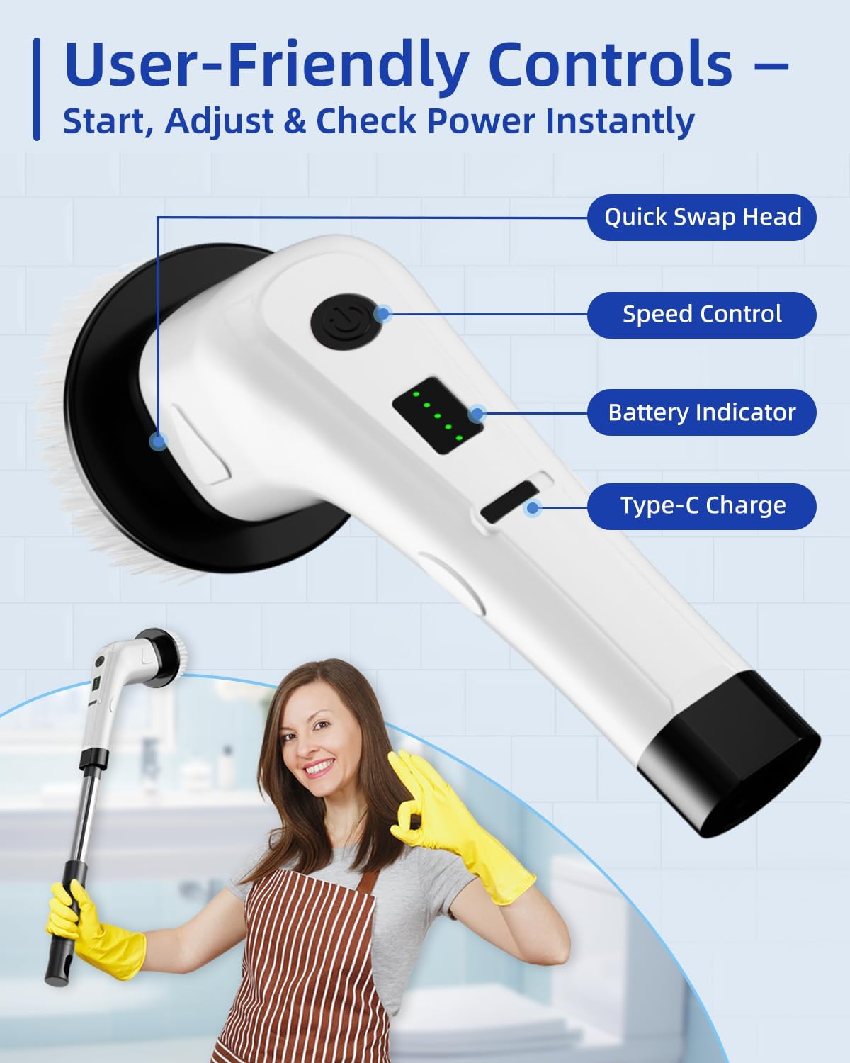 Electric Spin Scrubber, Cordless Power Scrubber for Bathroom Cleaning, 6 Replaceable Brush Heads, 360 RPM, Long Battery for Tub, Tile, Grout & Floor