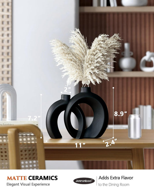 7.2″Hx8.9″H Donut Shape Decorative Vase Set of 2, Ceramic, Modern Minimalism Styles, Flowers or Plant Table Vases for Home Decor Living Room Shelf Entry Console Mantle Dining Centerpiece (Matte White)
