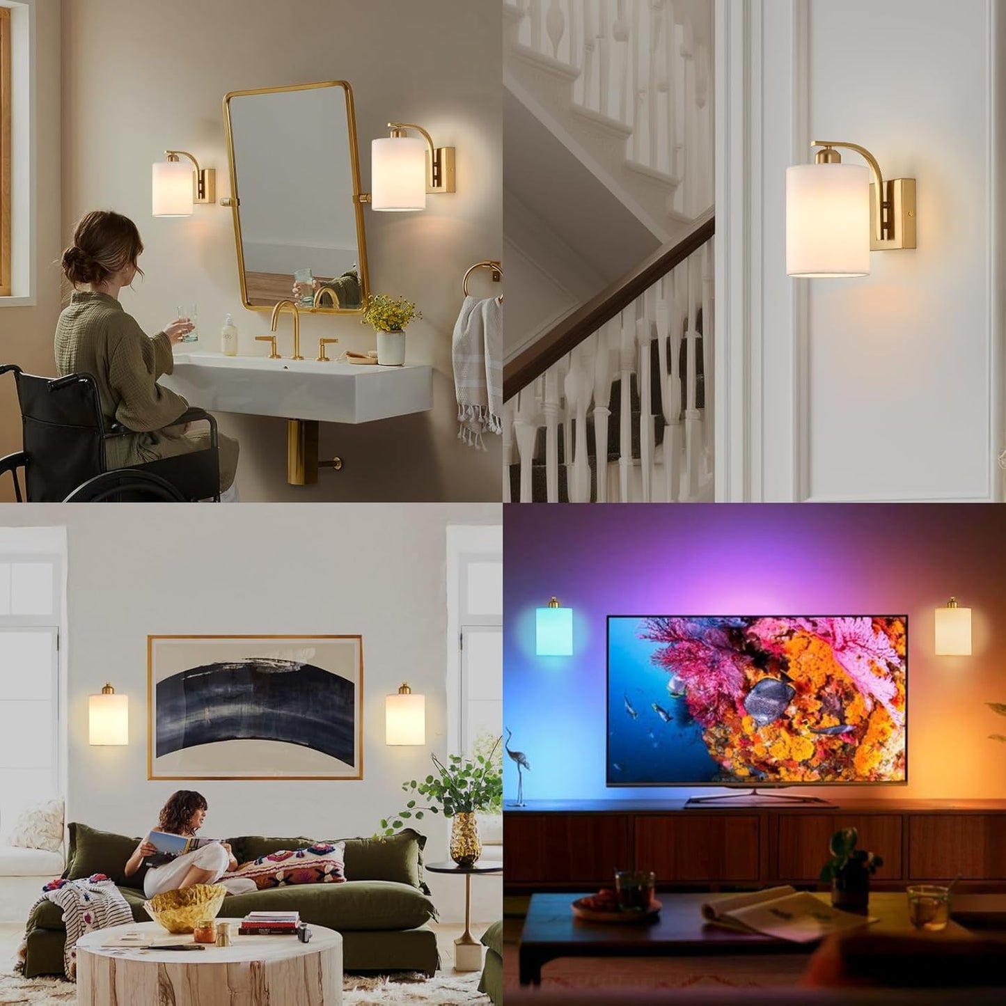 Battery Operated Wall Sconce Set of 2, Gold Rechargeable Wall Lights with Remote Control,15 Colors Wireless Wall Sconce with 3000mAh Dimmable Detachable Bulb for Bedroom, Living Room and Hallway