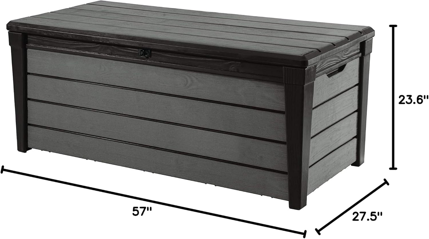 Keter Outdoor Storage Deck Box, for Patio, Backyard & Garden, Brushwood, 120 Gal, Brown - Lockable, Organizing, and Waterproof Plastic Container Bench