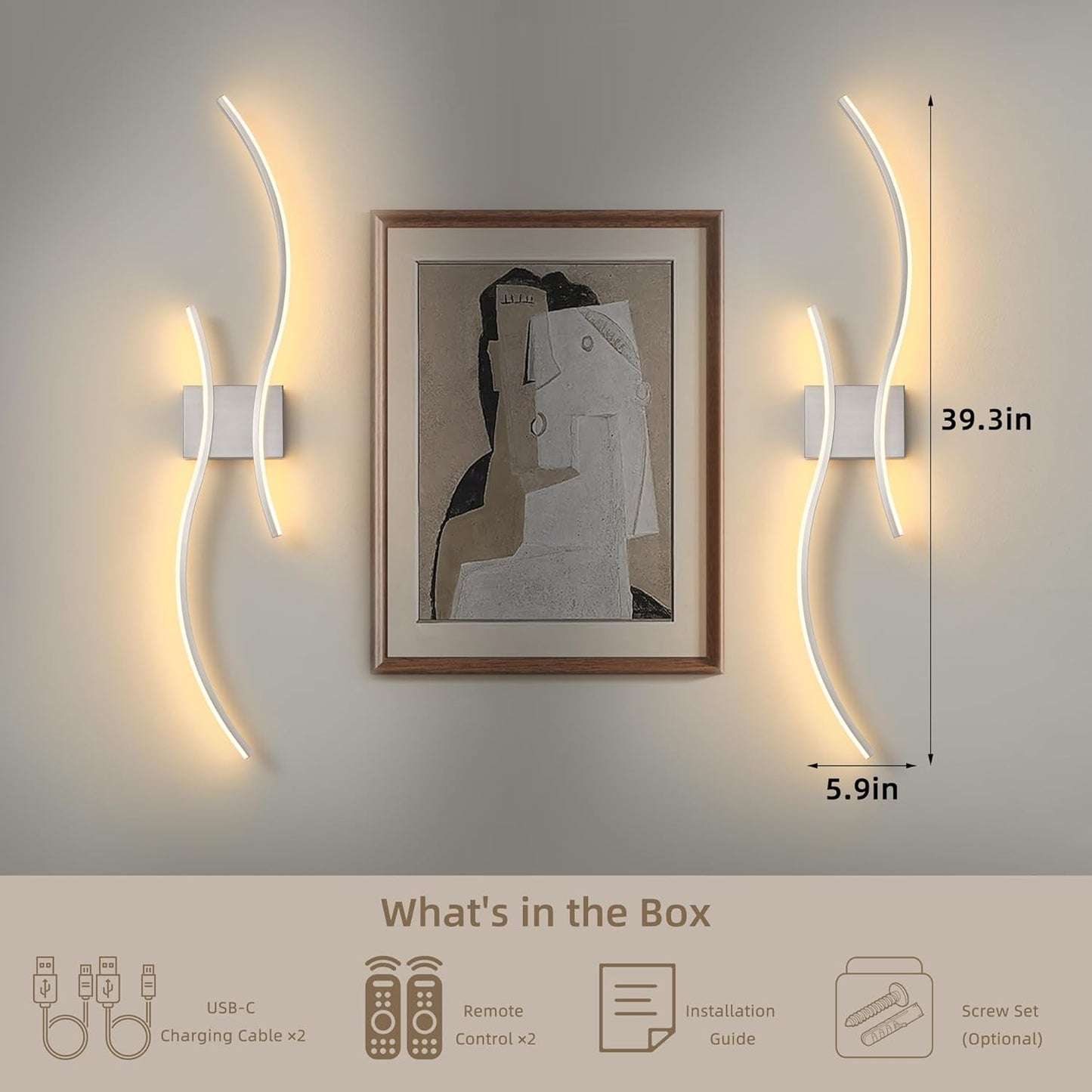 Battery Operated Wall Sconce Set of 2, Dimmable Modern LED Rechargeable Wall Light with Remote Control, Wall Decor for Living Room, Hallway, Quick Install, No Electrician Required