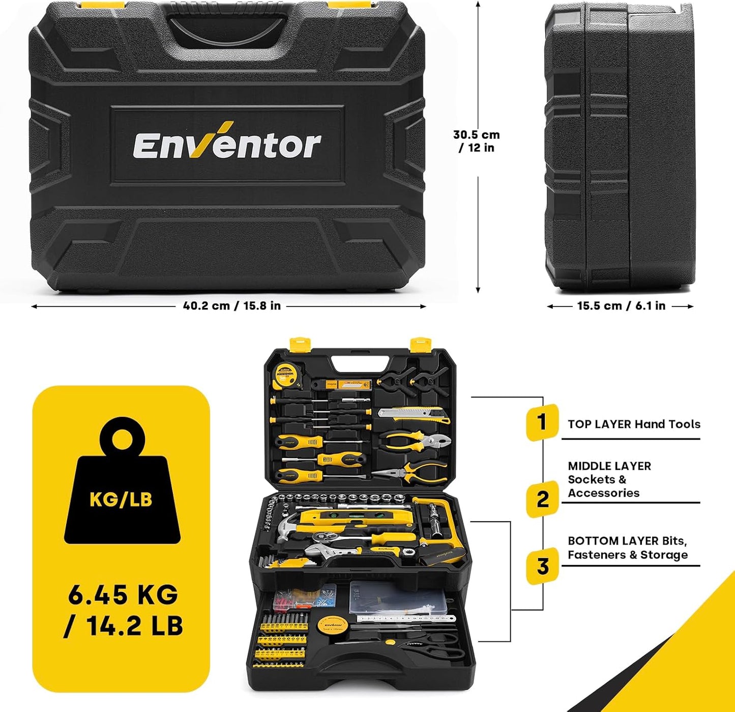 Enventor 419 PCS Home Tool Kit for DIY Repair, Home Maintenance with Drawer | General Home Auto Repair Tool Set Toolbox 3-Layer Organized Storage for Handyman, Homeowner