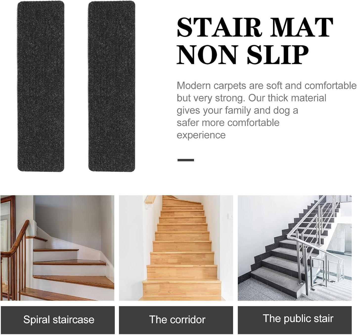 DECHOUS 2Pcs Non-Slip Stair Treads Carpet for Wooden Steps Indoor Self Adhesive Black Stair Runner Carpet Treads 8" x 30" Step Grips for Kids Elders Pets