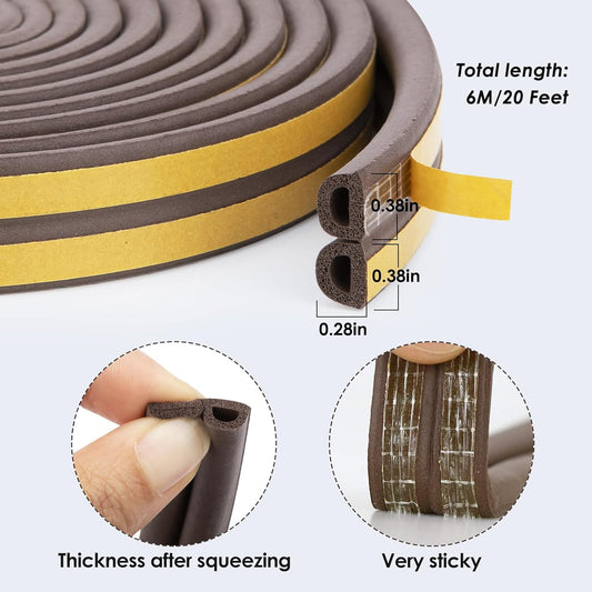 YOUSHARES Door Weather Stripping - Self Adhesive Foam Seal Strip Weatherstripping for Doors Frame and Windows Gaps, Weatherstrip Anti-Collision D Type Door Seal Strip 20 Feet (Brown)
