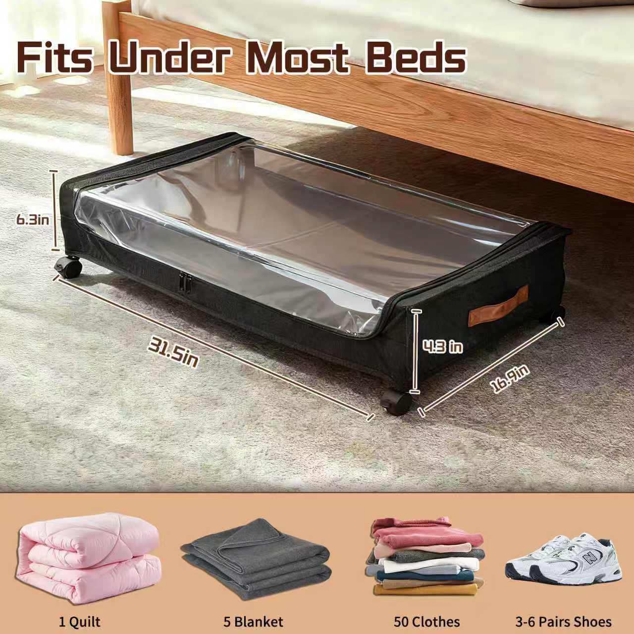 Under Bed Storage with Wheels, Black, 35L Large Capacity | Clear Lid & Label, Rolling Metal Drawer, For Clothes, Shoes, Toys, Books, Blankets