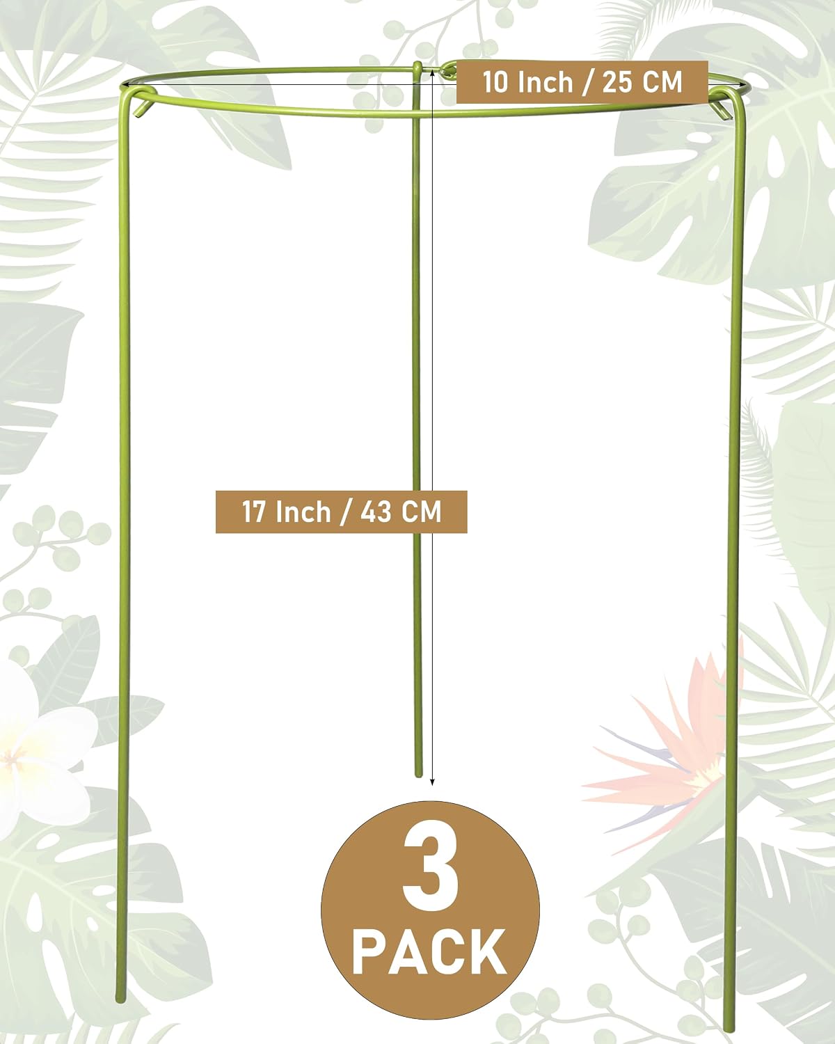 3-Pack Heavy Duty Plant Support Stakes, Metal Plant Ring Cages for Indoor Outdoor Plants, Adjustable Garden Stakes for Orchids, Monstera, Pothos, Hydrangea, Vines & Potted Plant (10" W x 17" H)