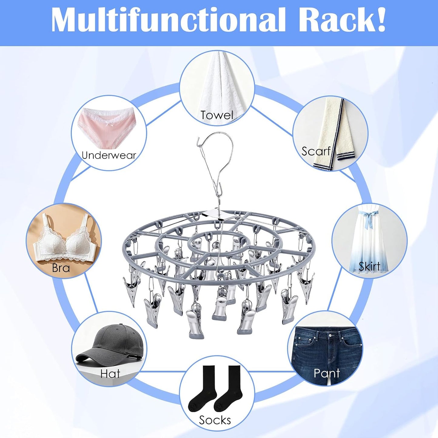 2 Pack Clothes Drying Rack with 24 Clips, Stainless Steel Clothes Drying Hanger, Swivel Windproof Round Dry Rack, Heavy Duty Underwear Hanger for Indoor Outdoor Wet and Dry (Grey)