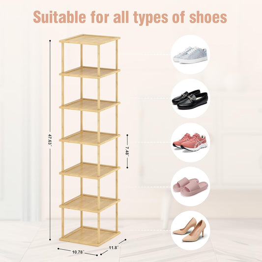 MHXW SXPN Bamboo Free Standing Shoe Rack Shelf Multi Tier Tall Wooden Stackable Shoes Rack Organizer for Closet Front Door Entrance Narrow Vertical Shoe Storage (Nature, 7 Tiers)