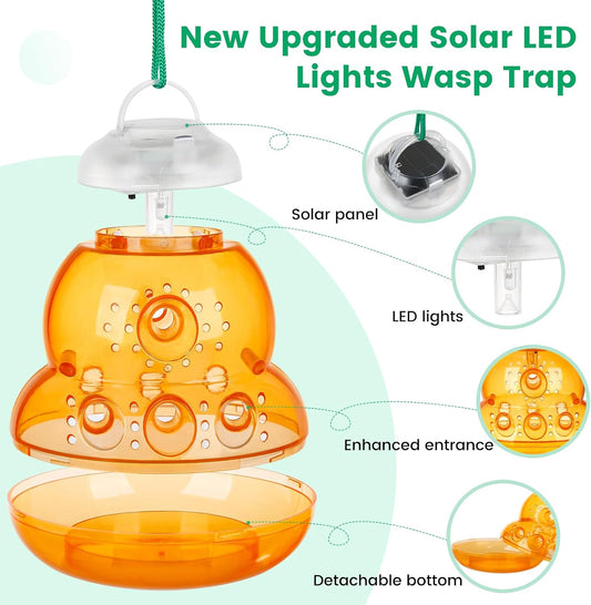 Solar Wasp Trap with Blue LED Light, Non-Toxic Reusable Hornet & Yellow Jacket Catcher, Outdoor Hanging Wasp Killer, 2 Pack - Amber