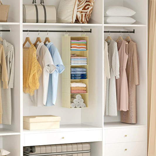 Lifewit 5 Tier Hanging Closet Organizer and Storage for Shelves, Foldable Clothes Shelf with 2 Sturdy Hooks, Sweater/Coat/Shoes Clothing Organization for Wardrobe, Dorm, Bedroom, Gray