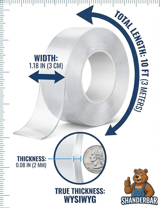 Nano Double Sided Tape Heavy Duty - 9.8ft Removable Clear Mounting Tape for Walls, Carpet, Rug & DIY – Strong Two Sided Adhesive Tape – No Residue, Washable, Traceless