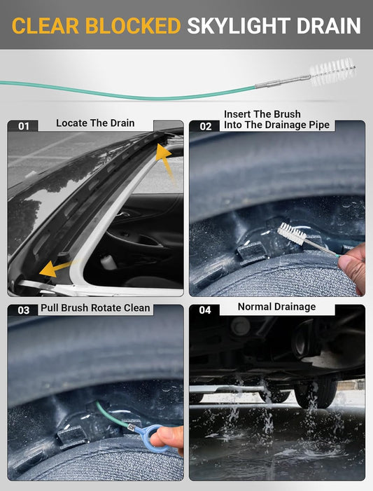Upgraded Auto Sunroof Drain Cleaning Tool, 120 Inch Long Flexible Drain Brush Pipe Cleaners for Car, Slim Drain Dredging Tool Tube Cleaning Brush Perfect for Car Sunroof, Windshield Wiper Drain Hole