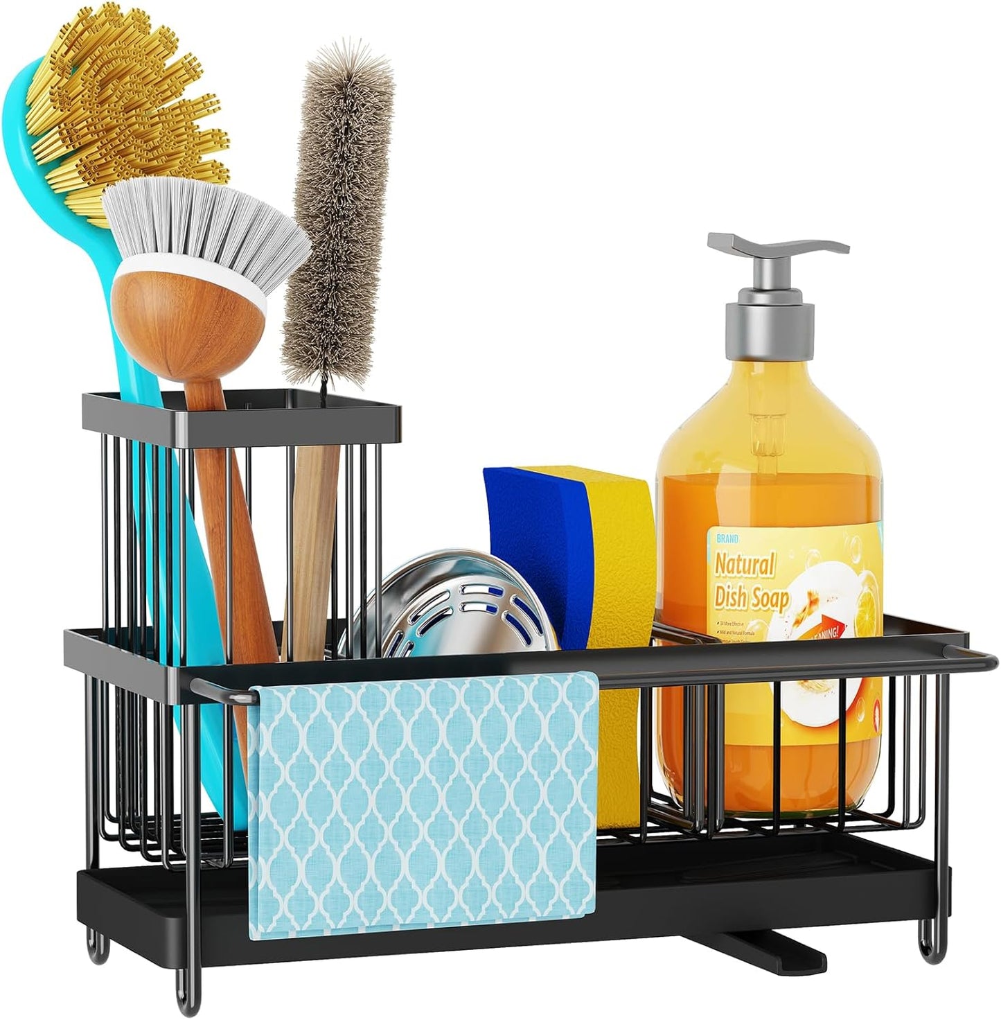 Godboat Sponge Holder for Kitchen Sink - Stainless Steel Sink Caddy Organizer with Towel & Brush Rack, Auto-Drain & 360° Swivel Spout, Bathroom Organizer for Soap Dispenser, Black (9.25" W X 4.1" D)