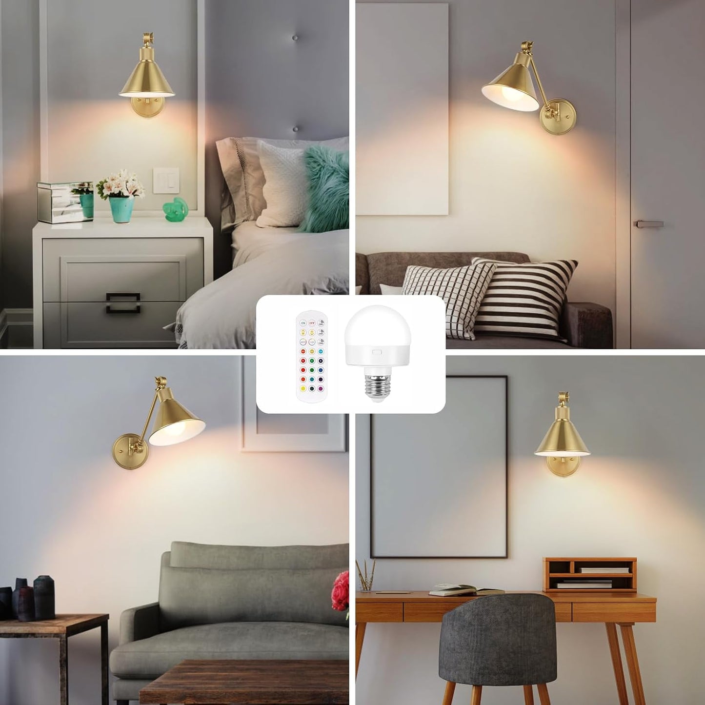 TRLIFE Rechargeable Battery Operated Wall Sconces, Dimmable and Adjustable Color Temperature Wireless Wall Sconces Set of 2 with Remote Control, Gold Swing Arm Wall Light for Bedroom Bedside Hallway