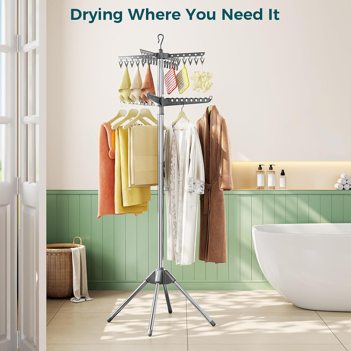KINGBOARD Clothes Drying Rack, 72-Inch 2-Tier Stainless Steel, Grey | 2-Tier Design, 6 Rotating Arms, 27 Hanger Holes, 24 Clips, 4-Leg Base, Compact Storage, Indoor and Outdoor Use
