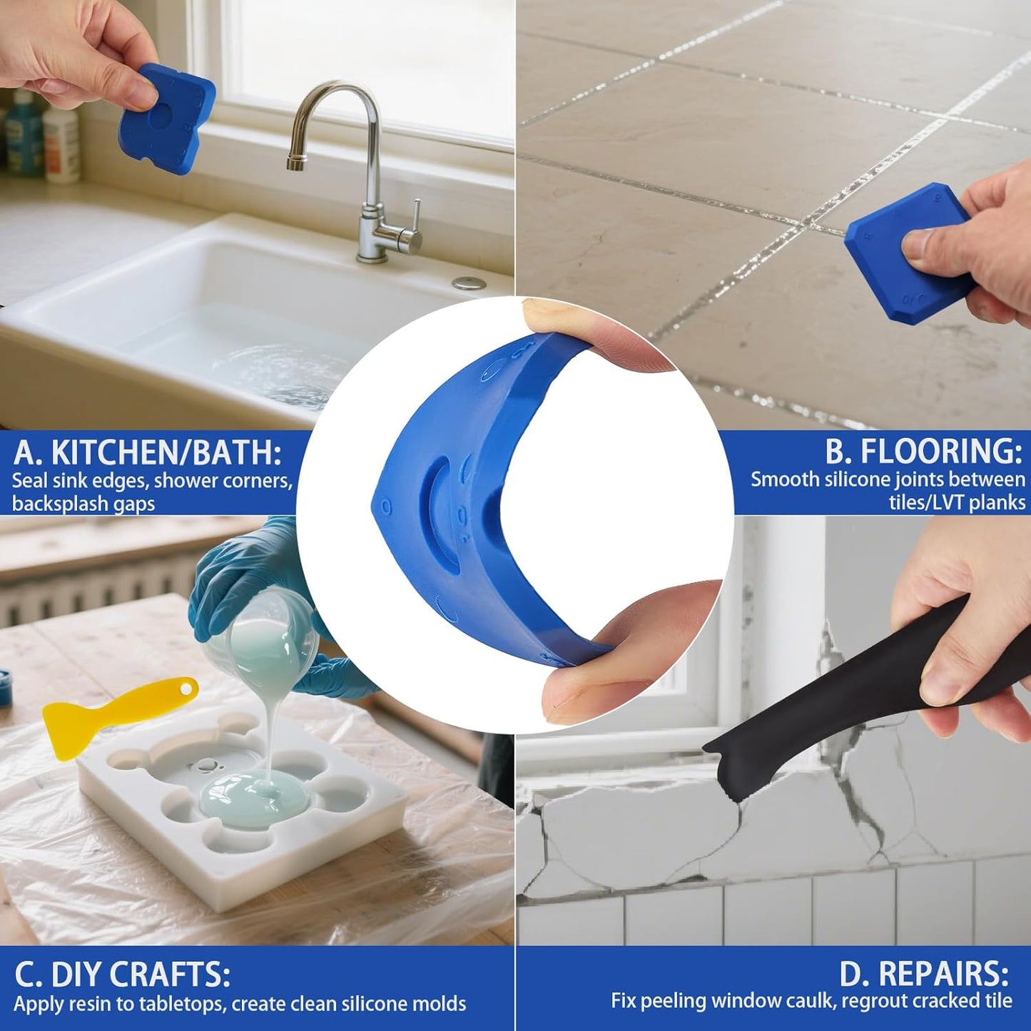 Caulk Tool Kit - 12-Piece Plastic Silicone Caulking Tools for Tile Sealing & Grouting Silicone Finishing Tools for Tile and Grout Smoothing(Blue)