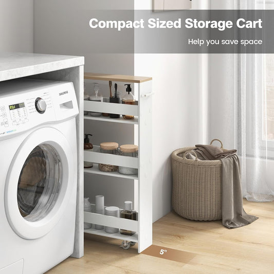 Slim Storage Rolling Cart, 4-Tier Side Out Shelving Unit with Handle, Mobile Organizer Utility Cart on Wheels for Laundry, Bathroom, Office, Kitchen, Narrow Places (White & Natural)