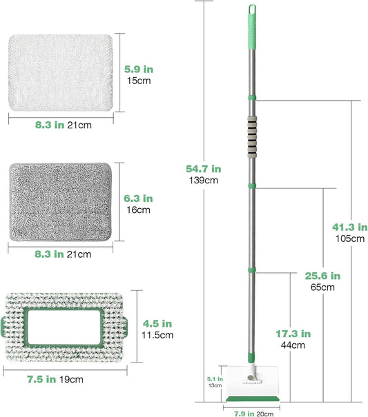 Baseboard Cleaner Tool with Handle, Wall Cleaner Mop with 54.7'' Adjustable Long Handled 1 Scrubber Brush Mop Head and 4 Reusable Cleaning Pads for Baseboards Cleaning, Ceiling, Skirting Board