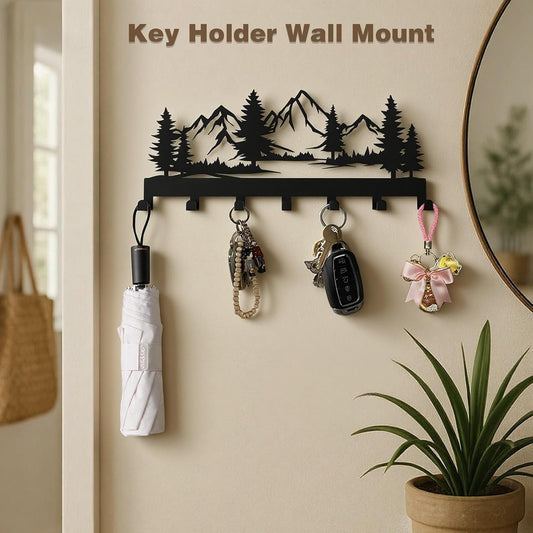 Key Holder Wall Mounted Key Hooks, Black Metal Key Rack Hooks, The Great Grove, Mountain Theme Wall Decoration Hooks, with 7 Hooks, Applicable to Front Doors, Lobby,Corridor, Offices (12 ")