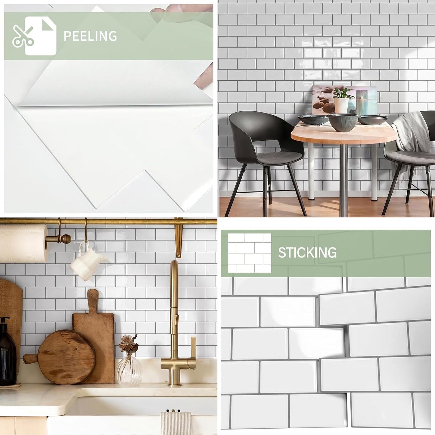 10-Sheet Thick Peel and Stick Kitchen Backsplash Tiles(Green,12"×12") | 3D Subway Waterproof Self-Adhesive Wall Tile Stick on Backsplash for Kitchen and Bathroom