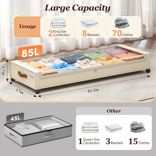 Yecaye Under Bed Storage with Wheels, 2 Pack Under Bed Storage Containers, 60L Underbed Shoe Storage with Clear Window & Label, Rolling Under Bed Metal Drawer for Clothes, Shoes, Books, Blankets