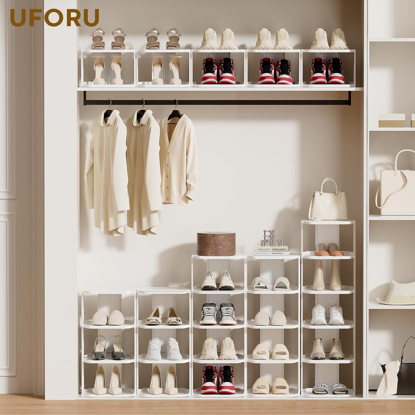 UFORU Small Shoe Rack, 5 Tier Plastic Vertical Shoe Rack for Small and Narrow Spaces, Free Standing Shoe Organizer for Closet, Entryway