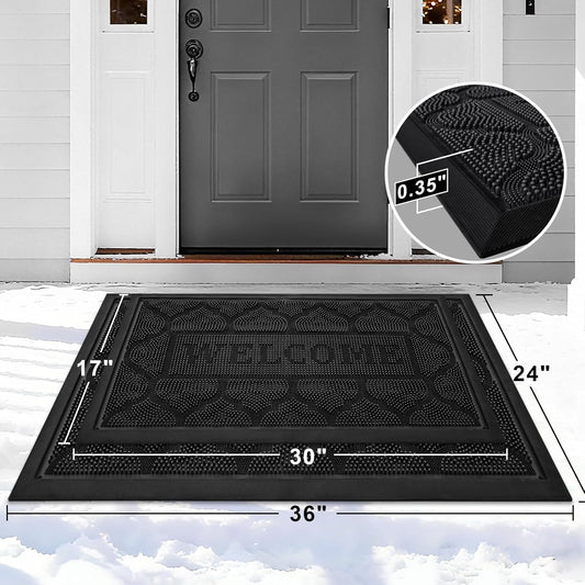 FRAMICS Front Door Mat Outside Entrance, Heavy Duty Rubber Door Mats Outdoor Welcome Mat Waterproof Doormat Non Slip for Entryway Doormats Dirt Trapper Indoor Mats All Seasons, 17 x 30 Inches, Black