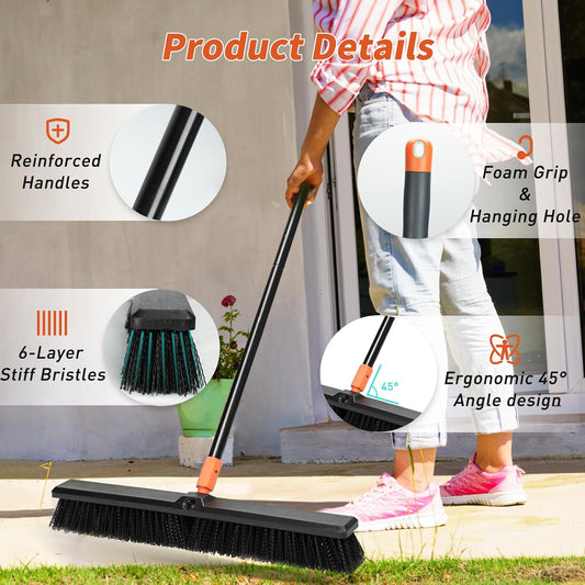 TreeLen 24 Inches Push Broom Outdoor Heavy Duty Floor Scrub Brush with Long Handle Stiff Bristles Broom for Patio Yard Garage Deck Driveway Concrete Floor Cleaning