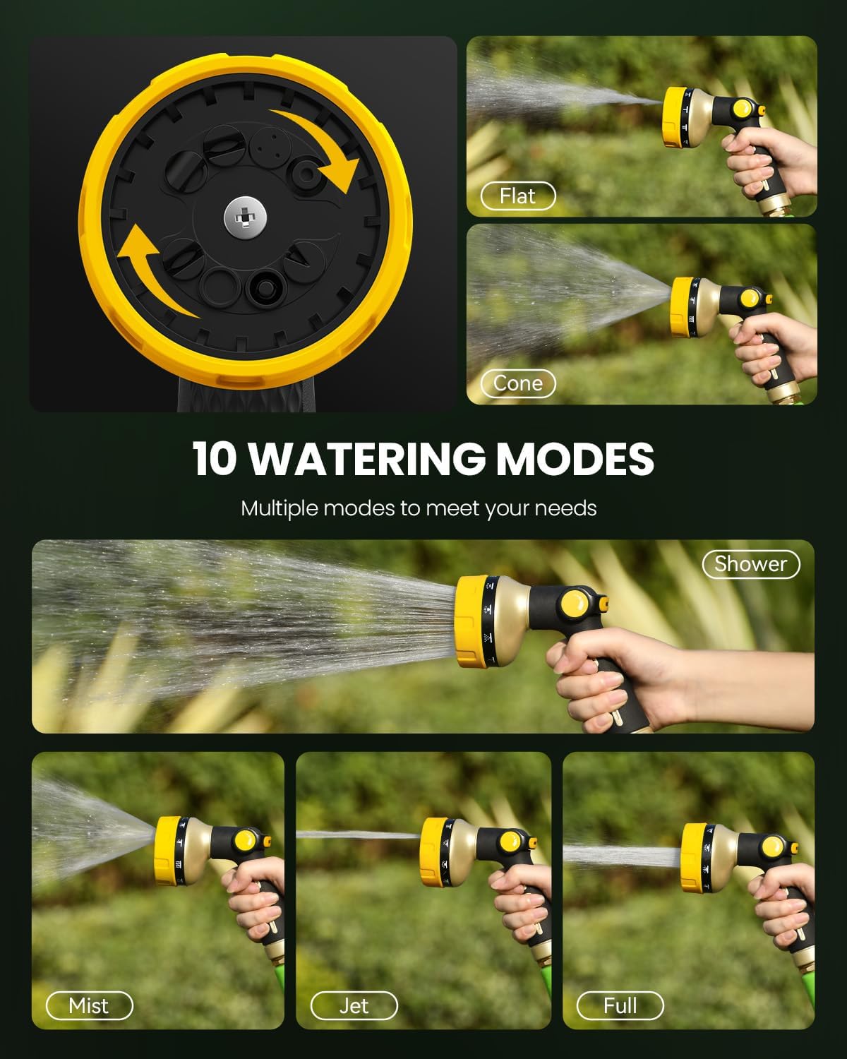 RAINPOINT Garden Hose Nozzle Heavy Duty - 100% Metal Thumb Control Spray Nozzles for Garden Hose High Pressure, 10 Patterns Water Hose Nozzle for Car Wash, Watering Lawn and Pets, Green