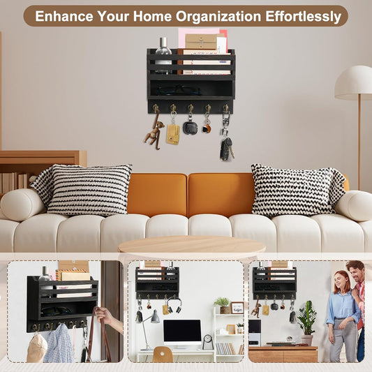 Mail and Key Organizer for Wall – Key Holder Wall Mount with Storage Box and 5 Key Hooks, Mail Holder Wall Mounted for Entryway, Apartment, Office, Home Decor Organization (Brown)
