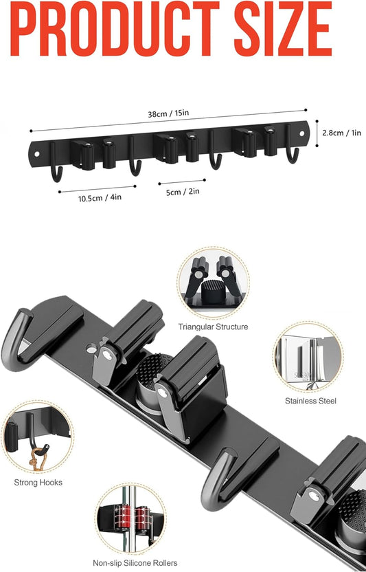 Mop and Broom Holder Wall Mount, Upgraded Broom Hanger Wall Mount, Stainless Steel Broom Organizer for Closet Garage Laundry Room Kitchen Wall Decor(3Racks 4Hooks Black)